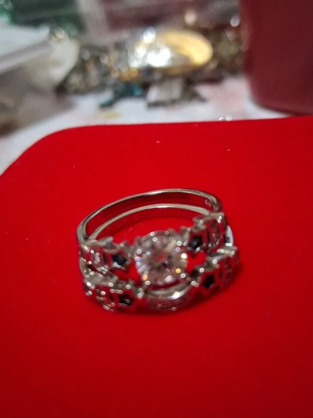 S925 Source Unknown Silver Ring with Deep Blue and White Stones